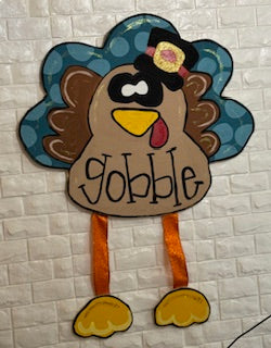 Turkey Door Hanger. Glittery Thanksgiving Decor, Handlettered "Gobble" with Ribbon Legs