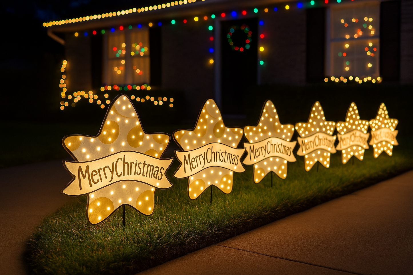 Lighted Merry Christmas Yard Art Stars | Hand-Painted Outdoor Decor