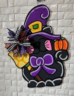 Black Cat with Witch Hat Door Hanger | Hand-Painted Halloween Decor