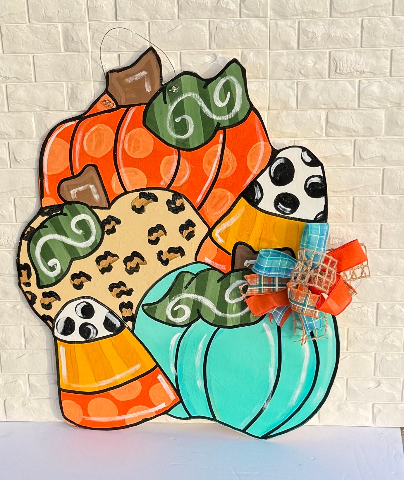 Hand-Painted Pumpkin Stack Door Hanger – Fall Front Door & Porch Décor