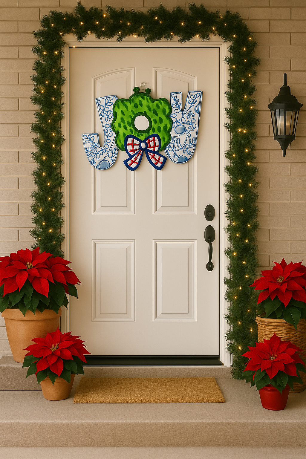 Hand-Painted JOY Christmas Door Hanger – Holiday Wreath Sign with Glitter & Bow