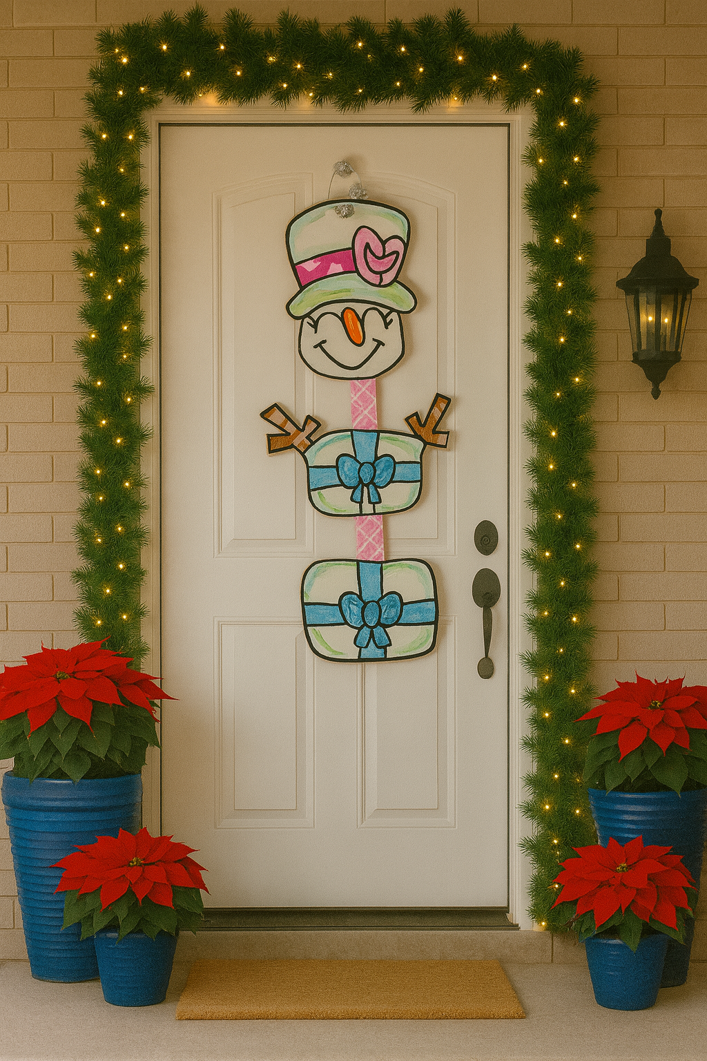 Pastel Snowman Door Hanger – Hand-Painted Christmas Decor with Blue & Pink Accents