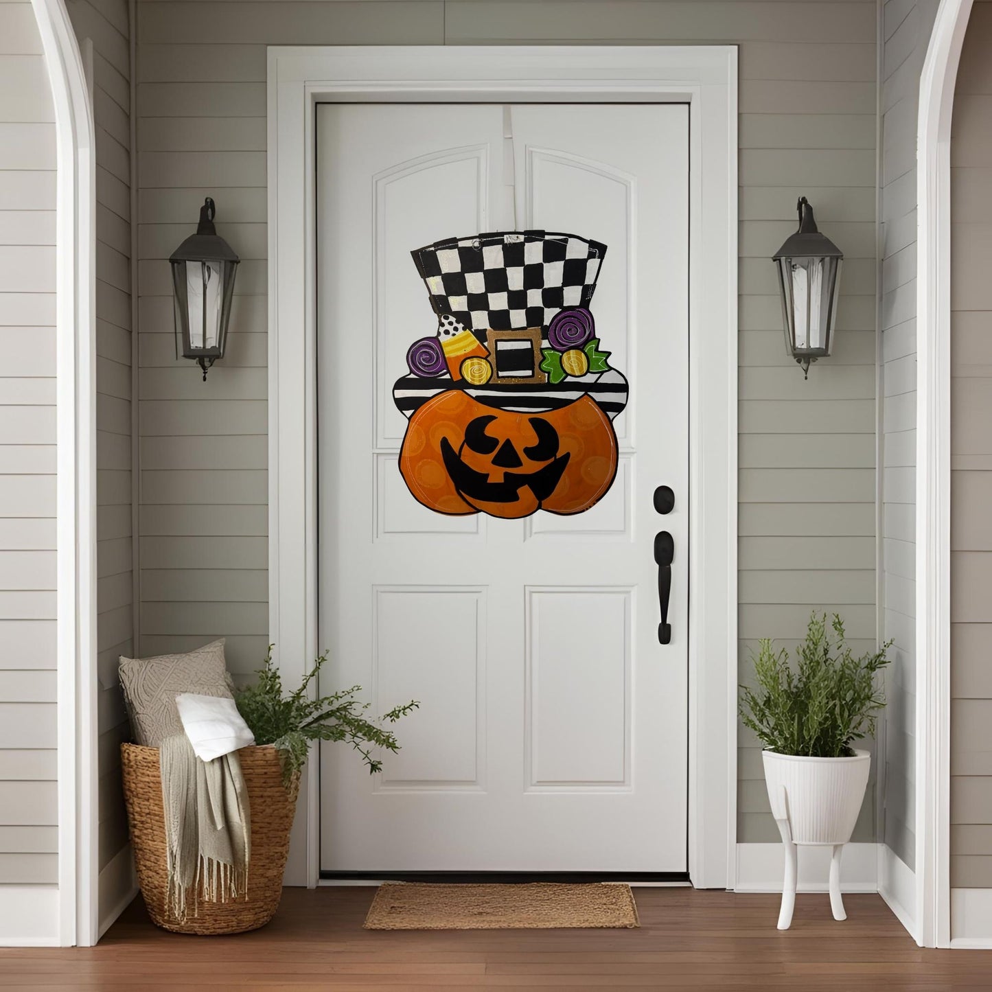Pumpkin Top Hat Door Hanger | Hand-Painted Halloween Candy Decor