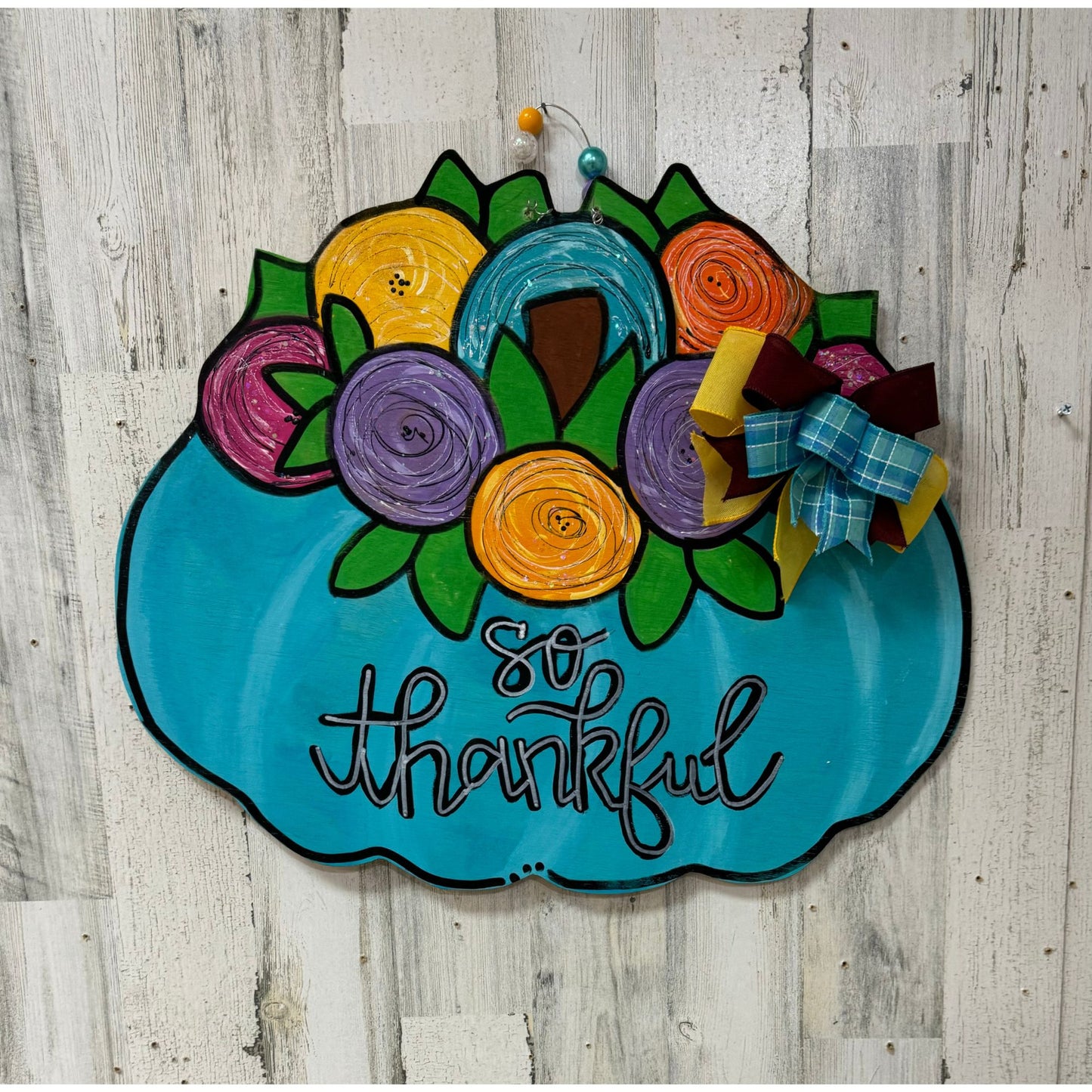 So Thankful Teal Floral Pumpkin Door Hanger – Hand-Painted Fall Decor (Copy)