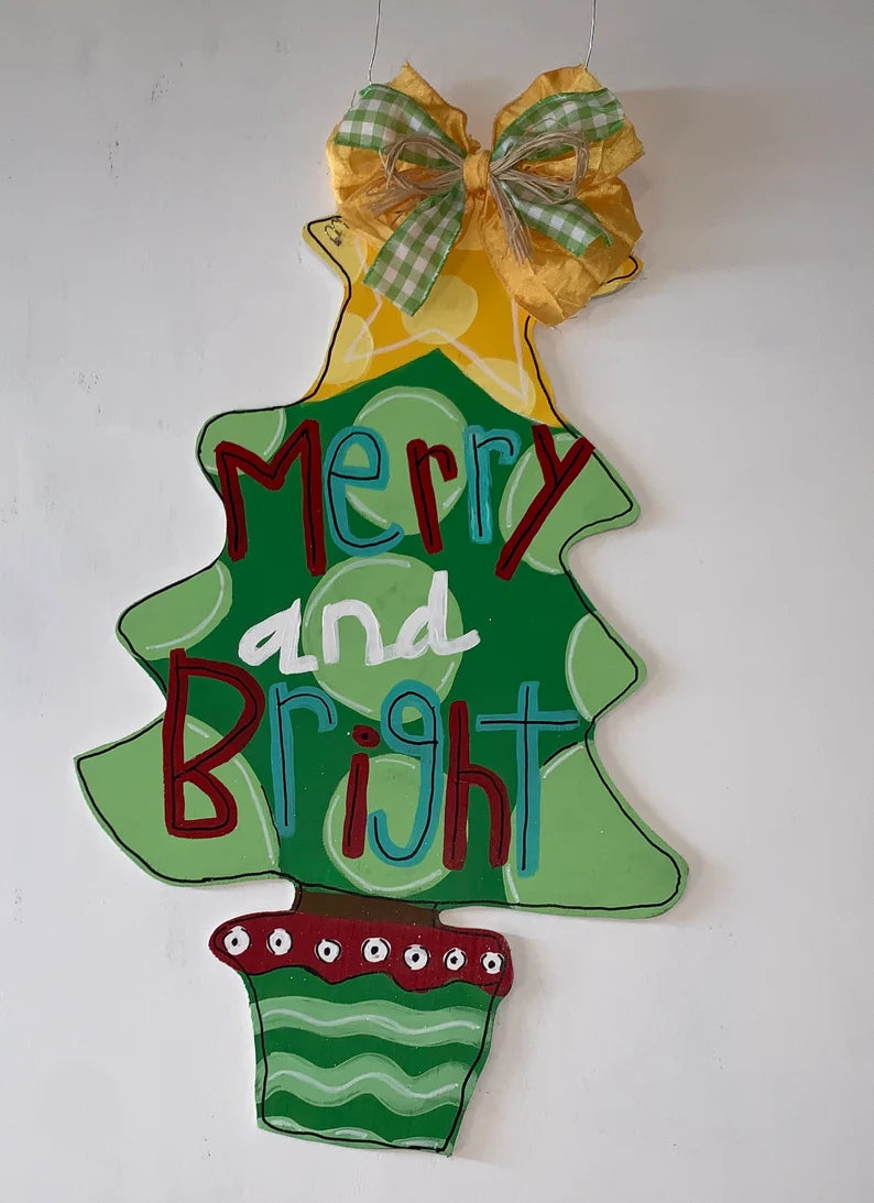 Merry and Bright Door Hanger, Whimsical Christmas Door Hanger, Hand Painted Christmas Tree Door Hanger, Christmas Holiday Decor, Farmhouse