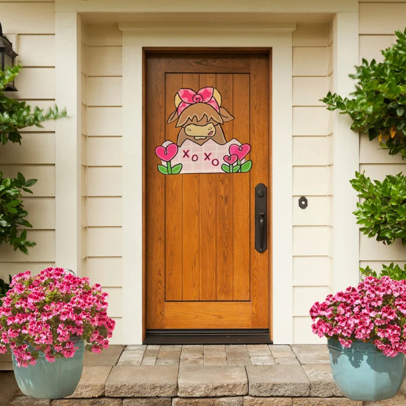 Valentines Day highland cow front door decor