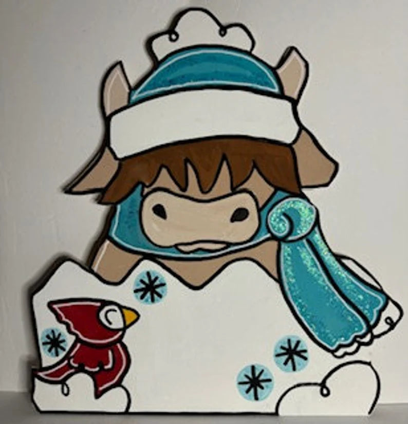 Winter Highland Cow Door Hanger perfect for your front door decor or anywhere you decorate