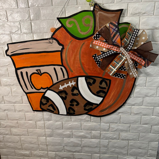 Hand-painted Pumpkin Latte and Football fall door hanger by Blue Brook Designs