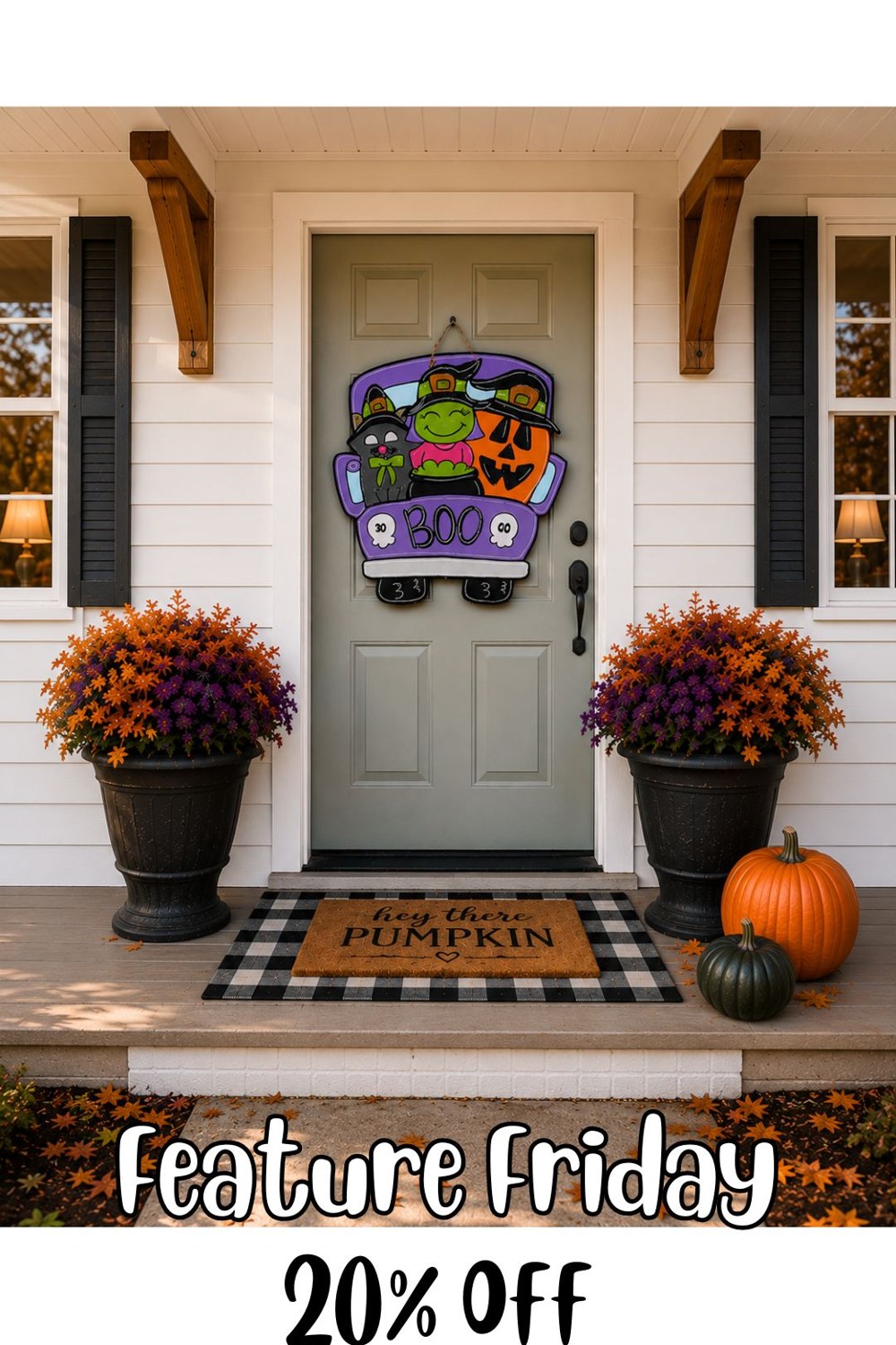 Hand-painted Boo Crew truck Halloween door hanger displayed on a gray front door