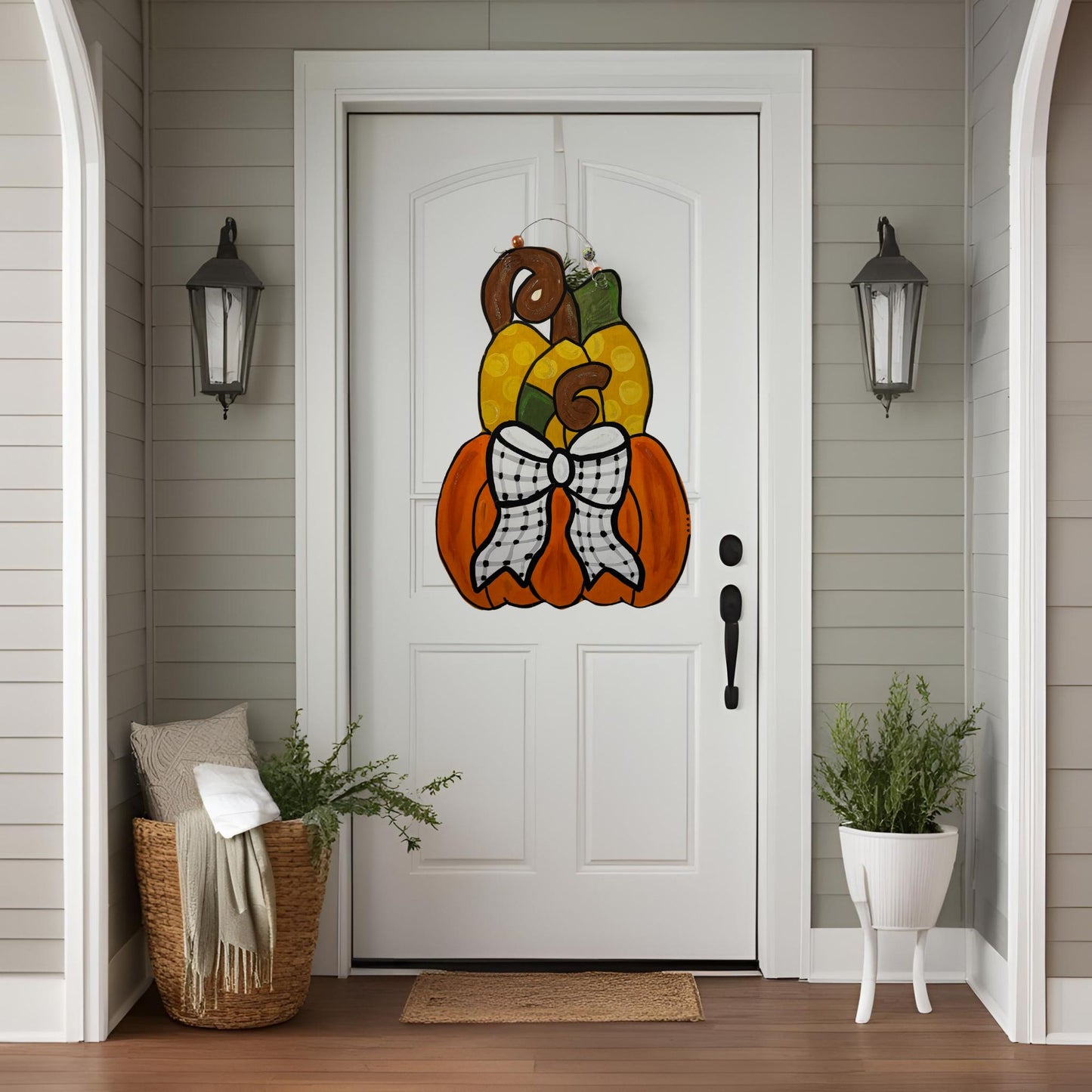 Stacked Pumpkins with Big Bow Door Hanger