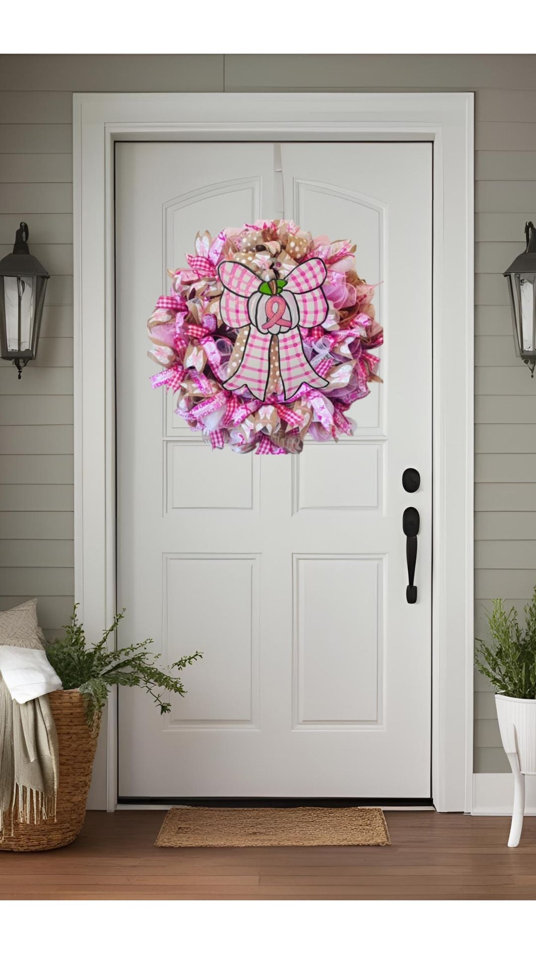Breast Cancer Awareness Mesh & Ribbon Wreath – with Optional Hand-Painted Glitter Bow Attachment