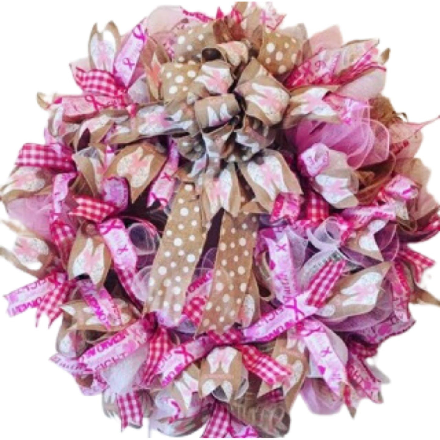Breast Cancer Awareness Mesh & Ribbon Wreath – with Optional Hand-Painted Glitter Bow Attachment