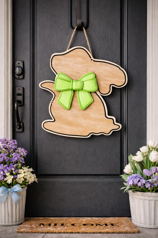 Easter Bunny Door Hanger with Dimensional Bow – Hand Painted Spring Front Door Decor