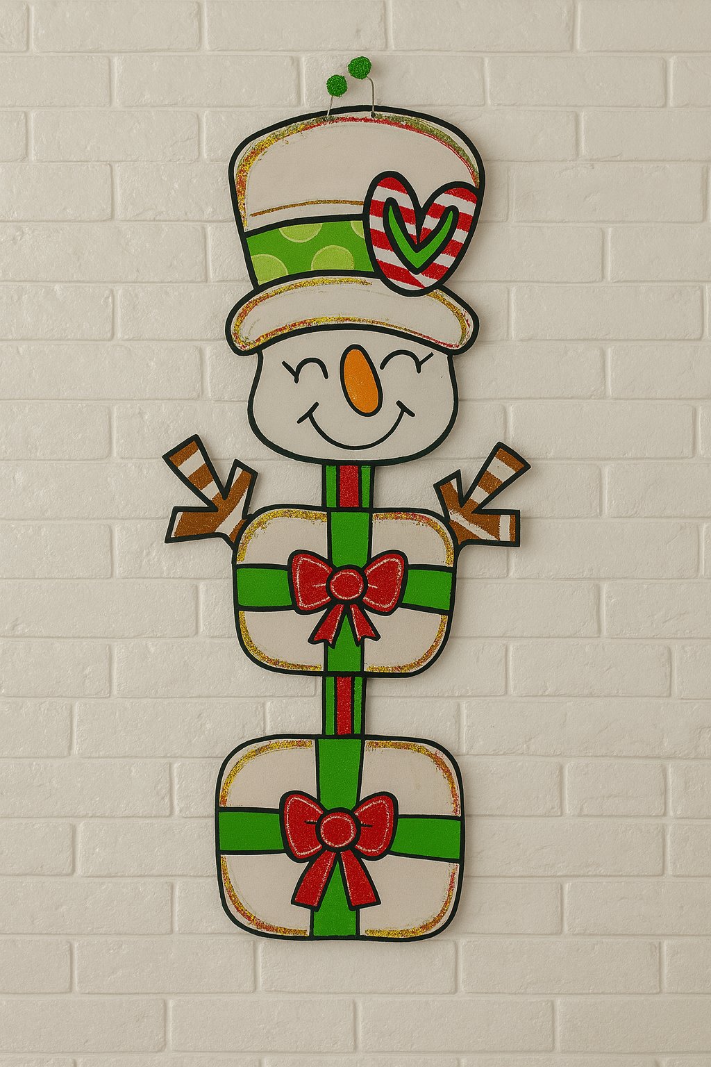 Hand-Painted Snowman with Gift Boxes – Red, Green & Gold Christmas Door Hanger