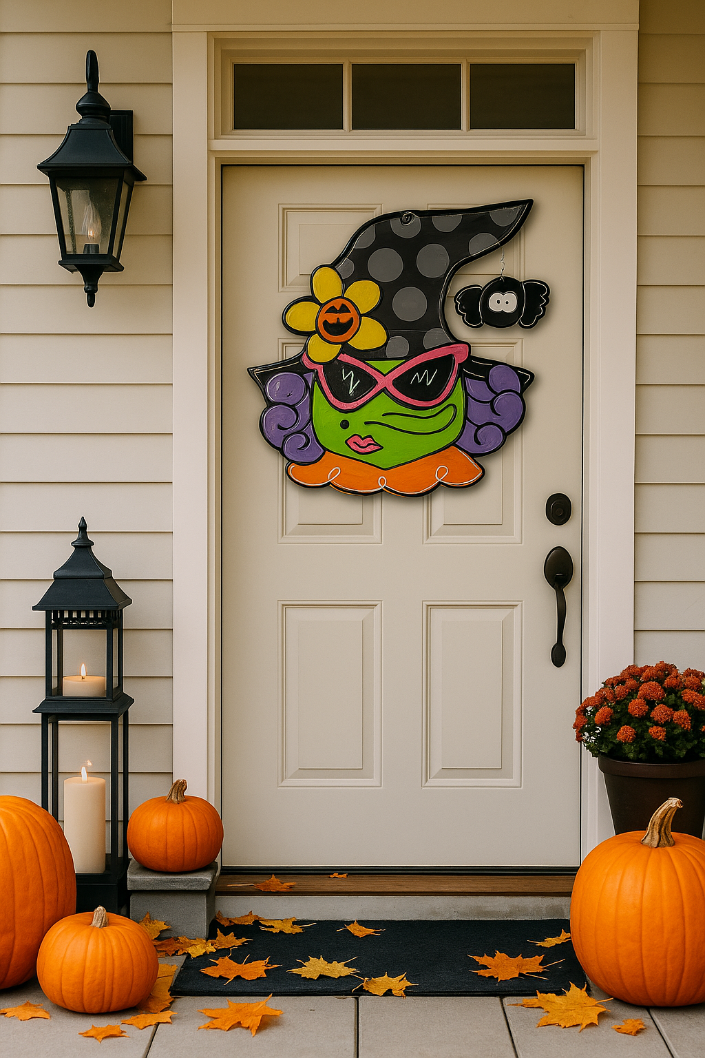 Witch Door Hanger with Spider | Hand-Painted Halloween Front Door Decor