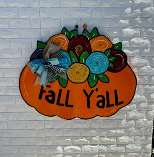 Vibrant "Fall Y'all" Pumpkin Door Hanger | Hand-Painted Autumn Decor | Colorful Floral Fall Sign | Front Door & Home Decoration