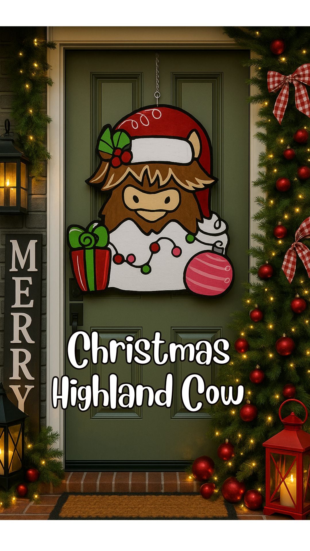 Christmas Highland Cow – Hand-Painted Holiday Door Hanger