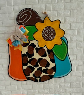 Leopard Print Pumpkin Door Hanger with Sunflower
