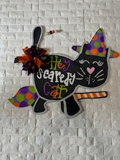 Scaredy Cat Door Hanger | Hand-Painted Halloween Front Door Decor