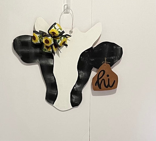Cow Door Hanger with “Hi” Tag – Hand-Painted Farmhouse Door Decor with Bow & Beads