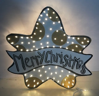 White & Gold “Merry Christmas” Star Tree Topper – Lighted Holiday Décor