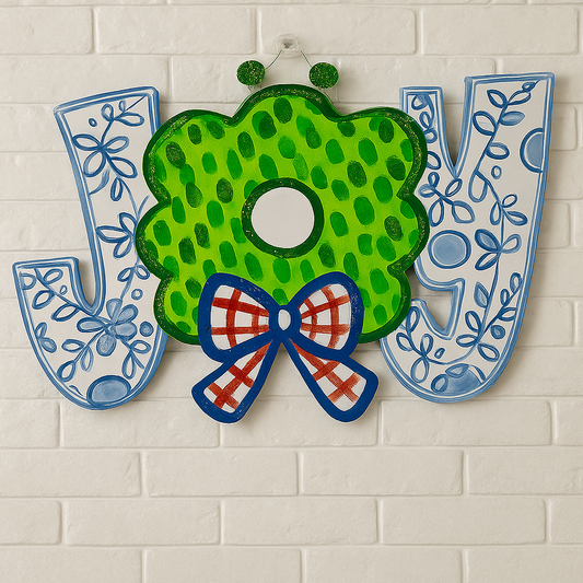 Hand-Painted JOY Christmas Door Hanger – Holiday Wreath Sign with Glitter & Bow
