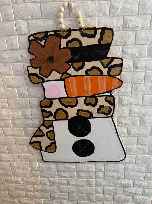 snowman with Leopard print – Hand-Painted Winter Decor