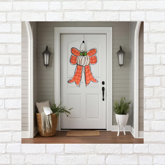 Hand-Painted Pumpkin Bow Door Hanger – Fall Wreath & Porch Déco