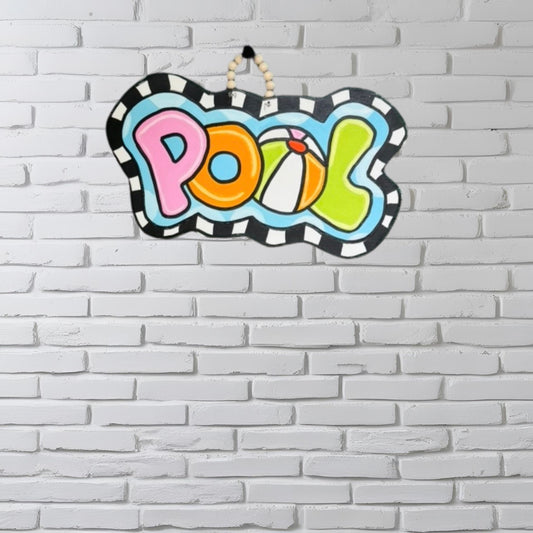 Hand-Painted POOL Door Hanger – Summer Pool Sign – Outdoor Welcome Decor – Bright Pool Home Decor