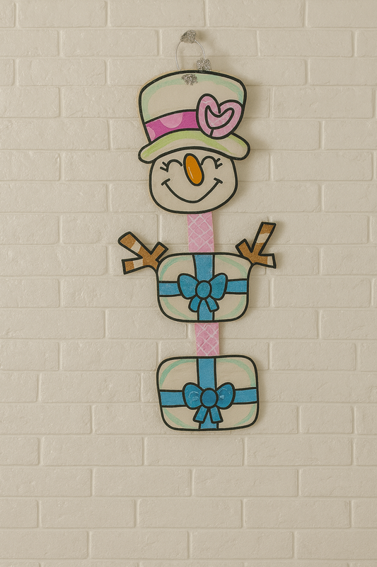 Pastel Snowman Door Hanger – Hand-Painted Christmas Decor with Blue & Pink Accents
