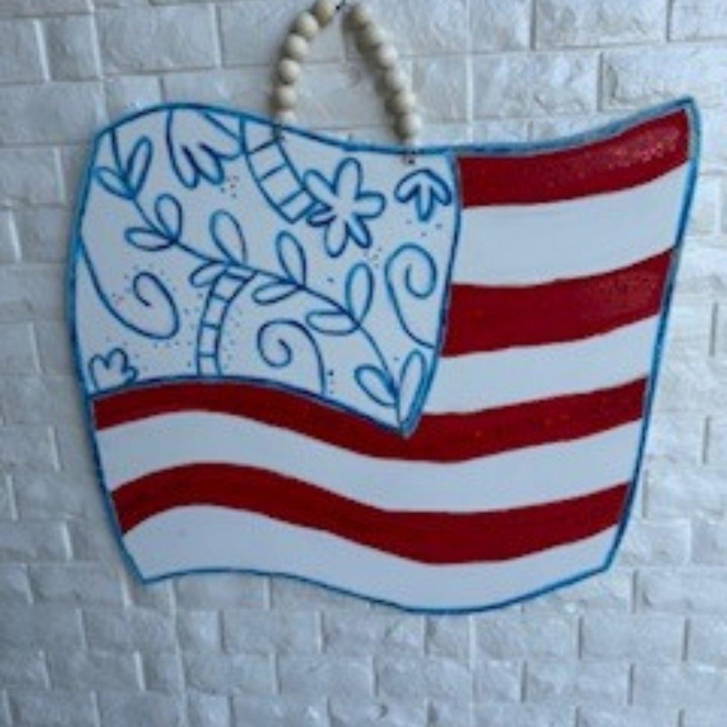 Hand-Painted Patriotic American Flag Door Hanger – Red, White & Blue Floral Flag Sign – Rustic Summer Porch Decor – 4th of July
