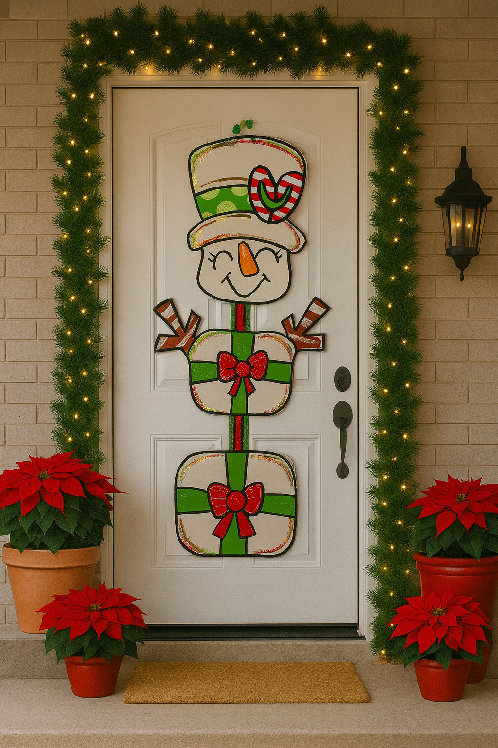 Hand-Painted Snowman with Gift Boxes – Red, Green & Gold Christmas Door Hanger
