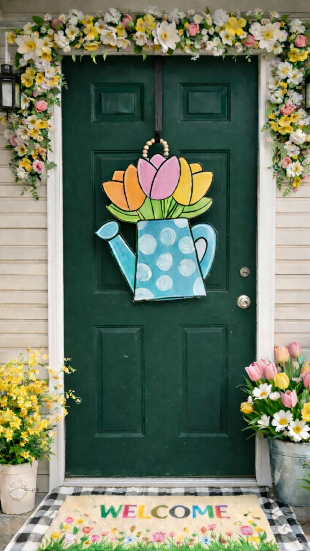 Spring Tulips Watering Can Door Hanger