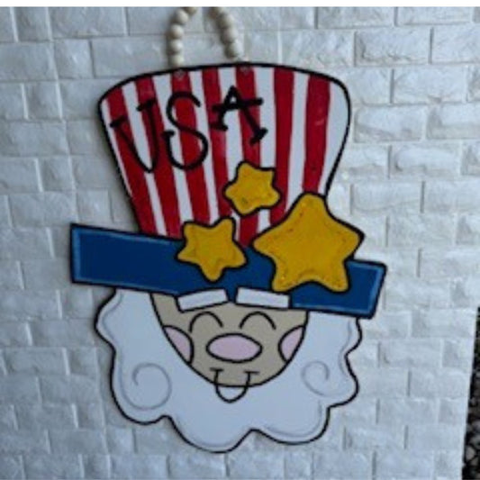 Uncle Sam Patriotic Door Hanger – Hand-Painted Red, White & Blue 4th of July Decor – Rustic Americana Summer Porch Sign –Front Door Accent