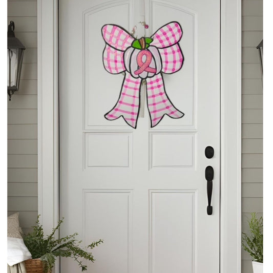 Pink Plaid Bow with Breast Cancer Awareness Ribbon Door Hanger