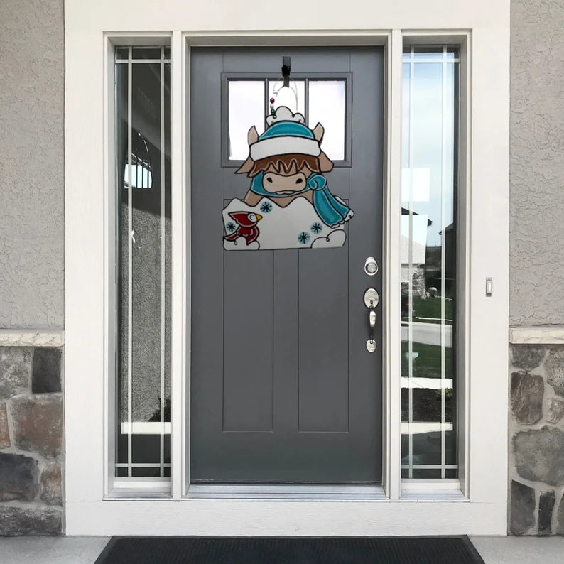Winter Highland Cow Door Hanger perfect for your front door decor or anywhere you decorate
