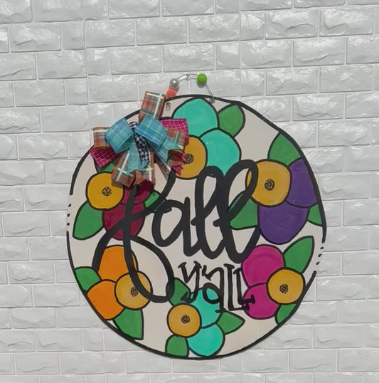 Hand-Painted "Fall Y'all" Floral Door Hanger | Round Autumn Decor | Front Door & Home Decoration | Rustic Fall Sign with Ribbon Bow